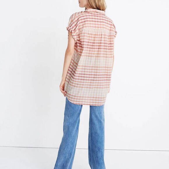 Madewell Pink Coral Central Tunic Shirt in Ombré Gingham Check Button down XS - Picture 2 of 16